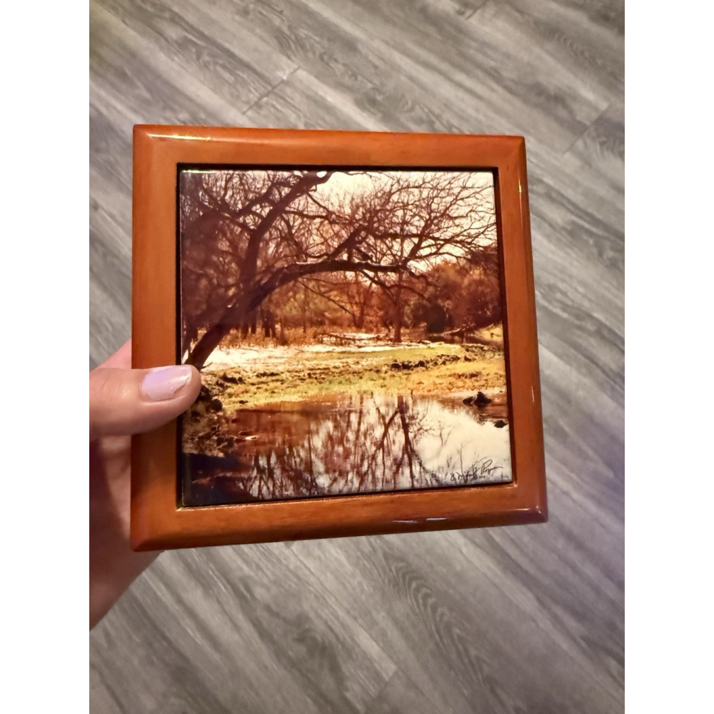 Nature Scenic Themed Wooden Lacquered Coaster Box Matching Set Of 4 Coasters